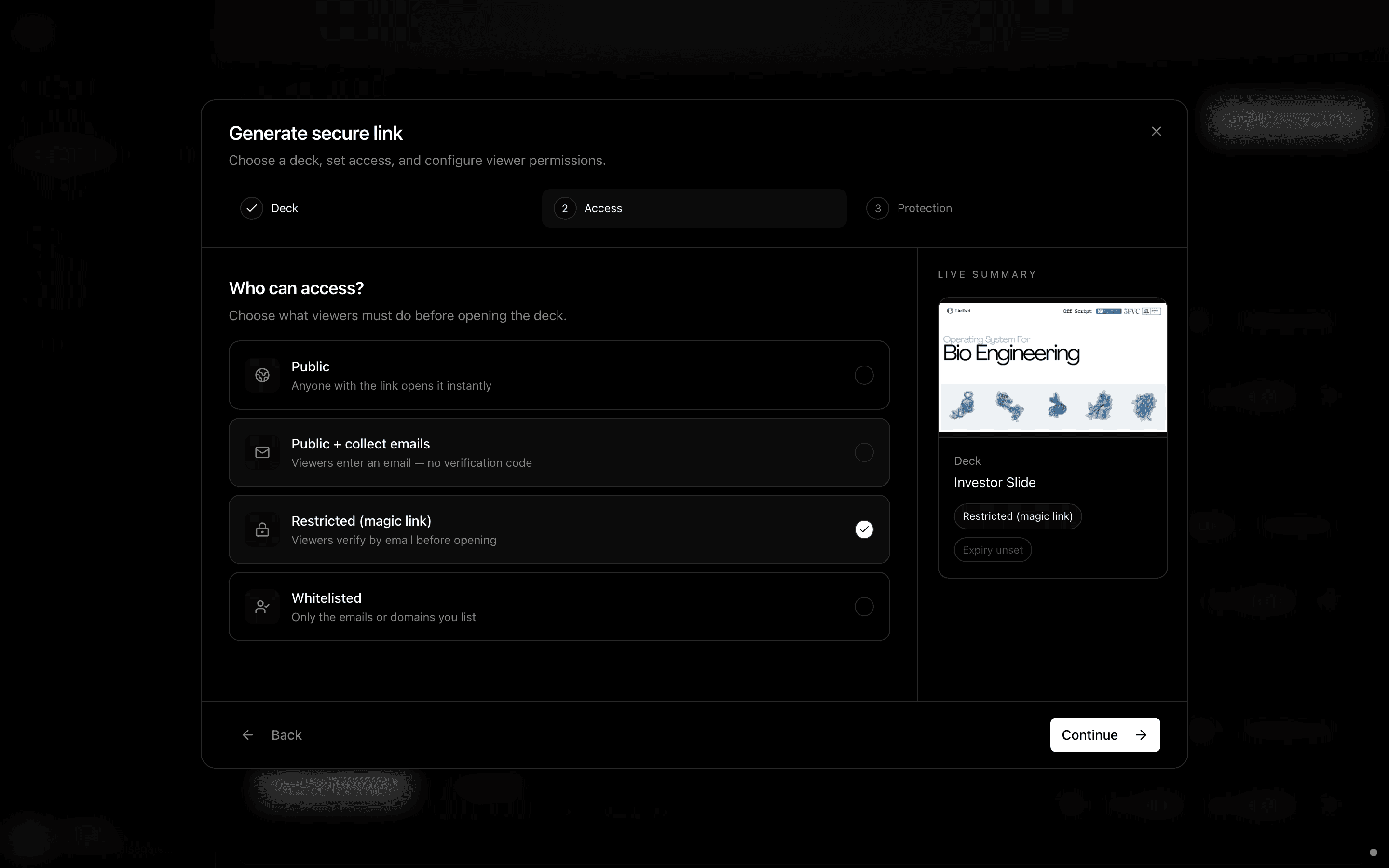 Generate secure share link wizard in RaiseGate Deck